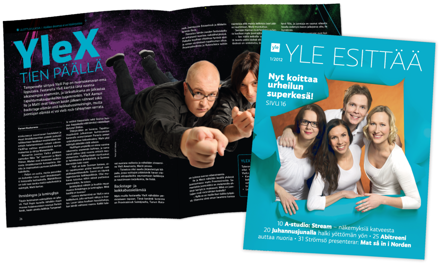 Yle esittää -lehden kannessa turkoosin ympäröimänä Ylen toimittajia.